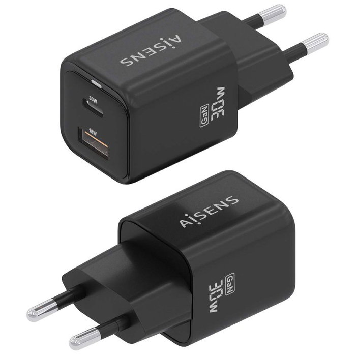 Aisens Cargador GaN 30W con USB-C y USB-A, Negro ASCH-30W2P021-BK Aisens Cargador GaN 30W con USB-C y USB-A, Negro ASCH-30W2P021-BK